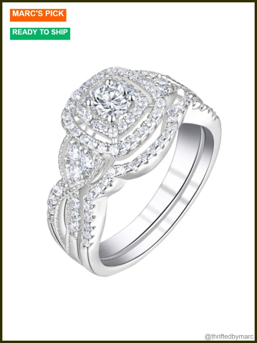 Halo Wedding Ring Set White Gold Silver Plated Cubic Zirconia Bridal Set
